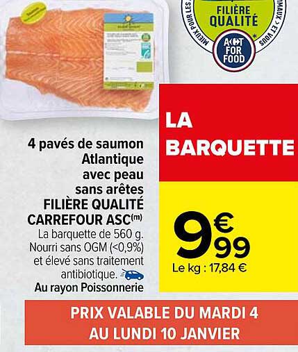 4 pavés de saumon atlantique avec peau sans arêtes filière qualité carrefour asc