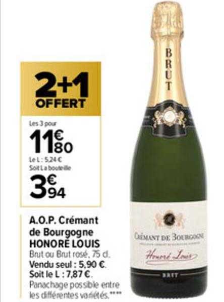 a.o.p. crémant de bourgogne honoré louis 2+1 offert