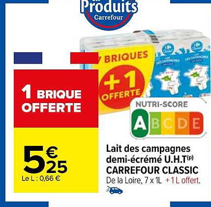 lait de campagnes demi-écrémé u.h.t. carrefour classic