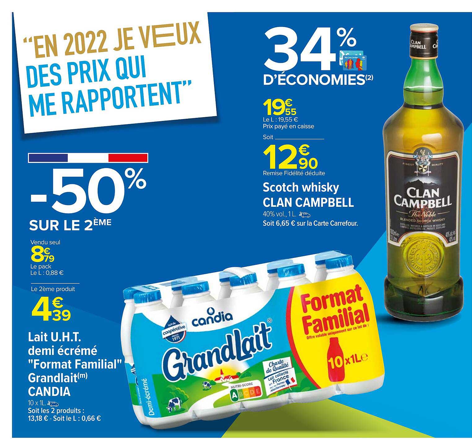lait u.h.t. demi écrémé "format familial" grandlait candia, scotch whisky clan campbell