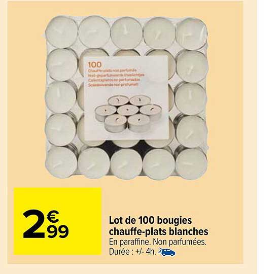 lot de 100 bougies chauffe-plats blanches