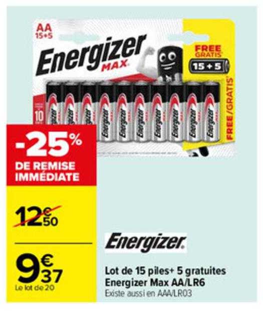 lot de 15 piles + 5 gratuites energizer max aa-lr6