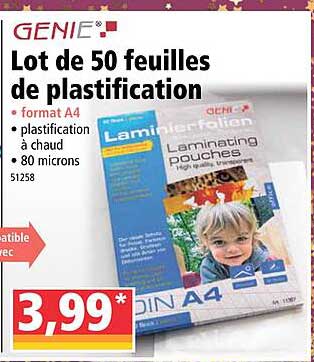 lot de 50 feuilles de plastification genie