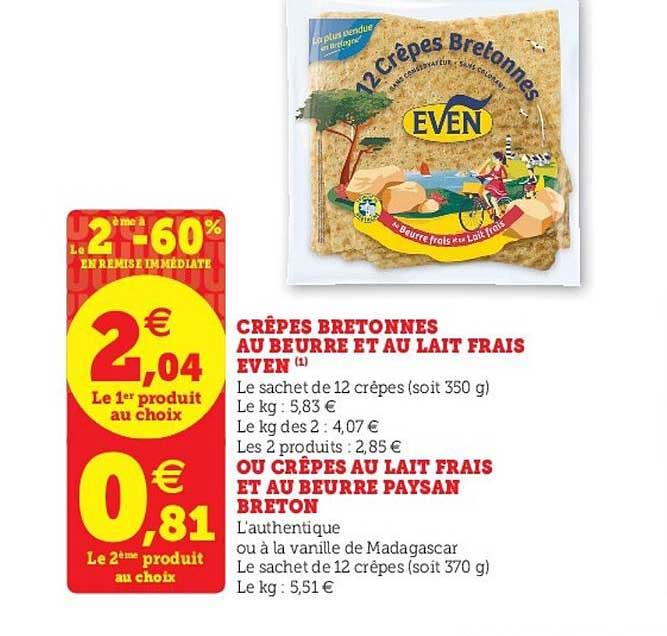 crêpes bretonnes au beurre et au lait frais even  ou crêpes au lait frais et au beurre paysan breton