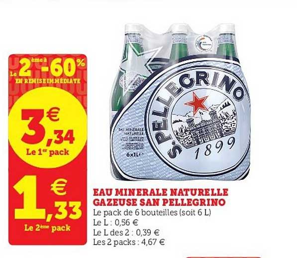 eau minérale naturelle gazeuse san pellegrino le 2ème à -60% en remise immédiate