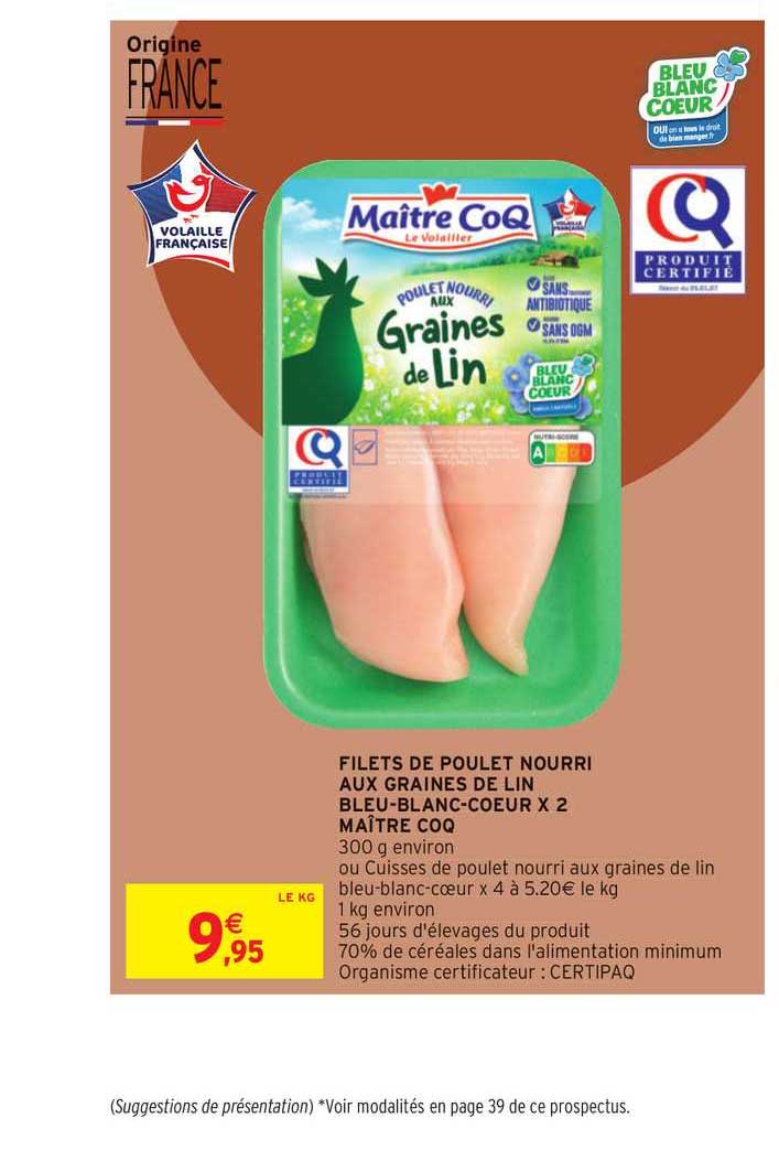 filets de poulet nourri aux graines de lin bleu blanc coeur x 2 maître coq
