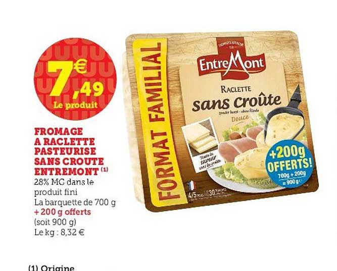 Fromage à Raclette Pasteurisé Sans Croute Entremont