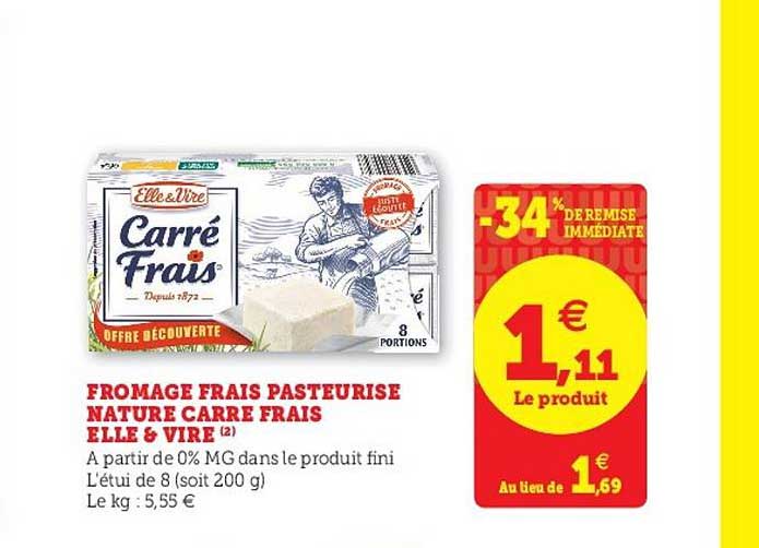 fromage frais pasteurisé nature carré frais elle&vire -34% de remise immédiate