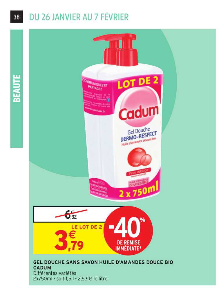 gel douche sans savon huile d'amandes douce bio cadum -40% de remise immédiate