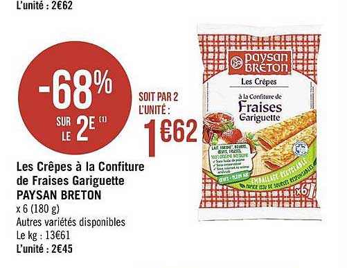 les crêpes à la confiture de fraises gariguette paysan breton -68% sur le 2e