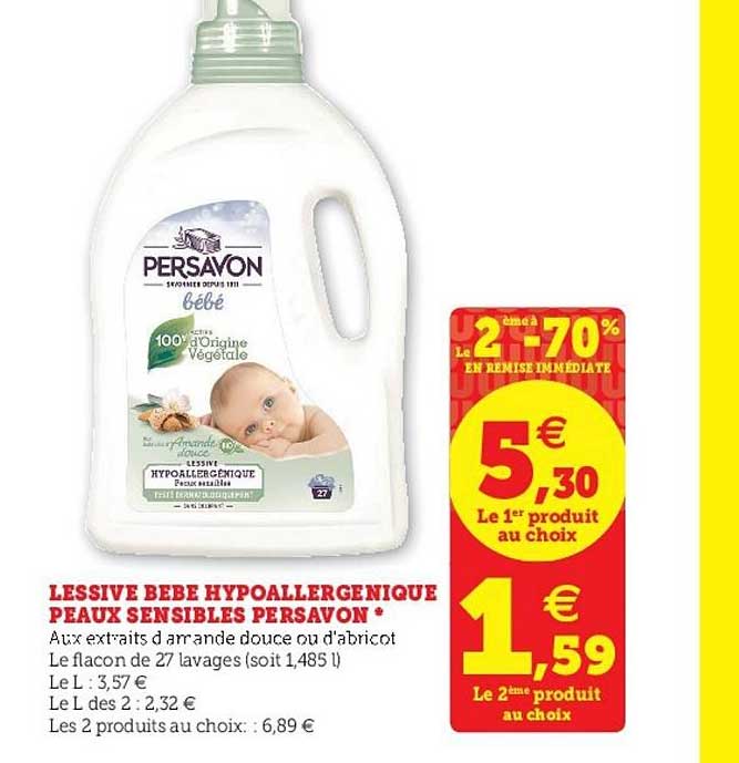 lessive bébé hypoallergénique peaux sensibles persavon le 2ème à -70% en remise immédiate