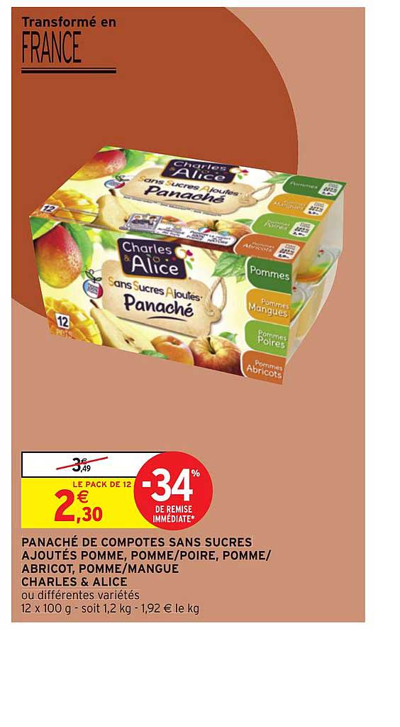 Panaché De Compotes Sans Sucres Ajoutés Pomme, Pomm-poire, Pomme - Abricot, Pomme-mangue Charles & Alice