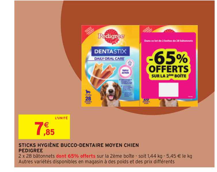 sticks hygiène bucco dentaire moyen chien pedigree -65% offerts sur la 2eme boite