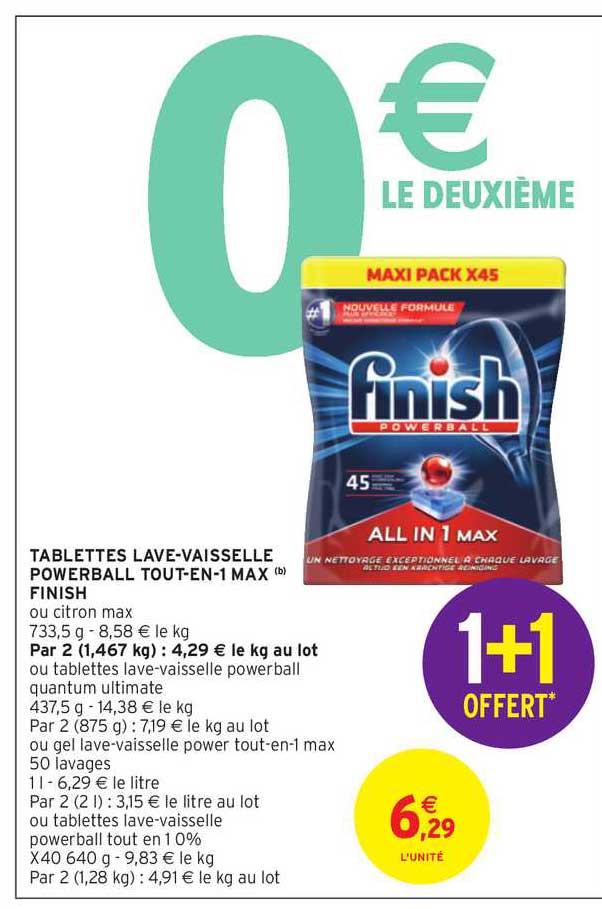 tablettes lave vaisselle powerball tout en 1 max finish 1+1 offert