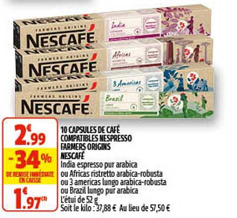 10 capsules de café compatibles nespresso farmers origins nescafé