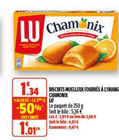biscuits moelleux fourrés à l'orange chamonix lu