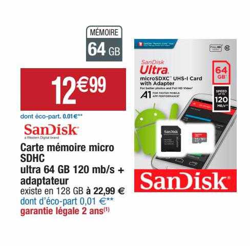 carte mémoire micro sdhc ultra 64 gb 120 mb-s + adaptateur sanDisk