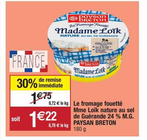 le fromage fouetté mme loïk nature au sel de guérande 24% m.g. paysan breton