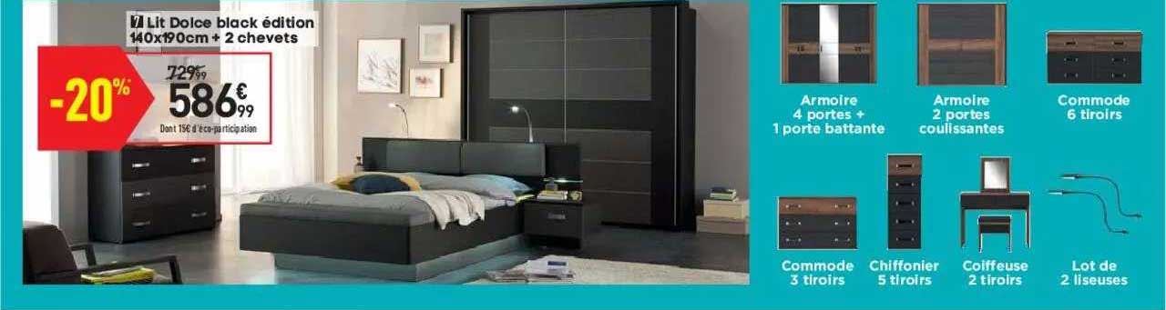 lit dolce black édition 140x190cm + 2 chevets