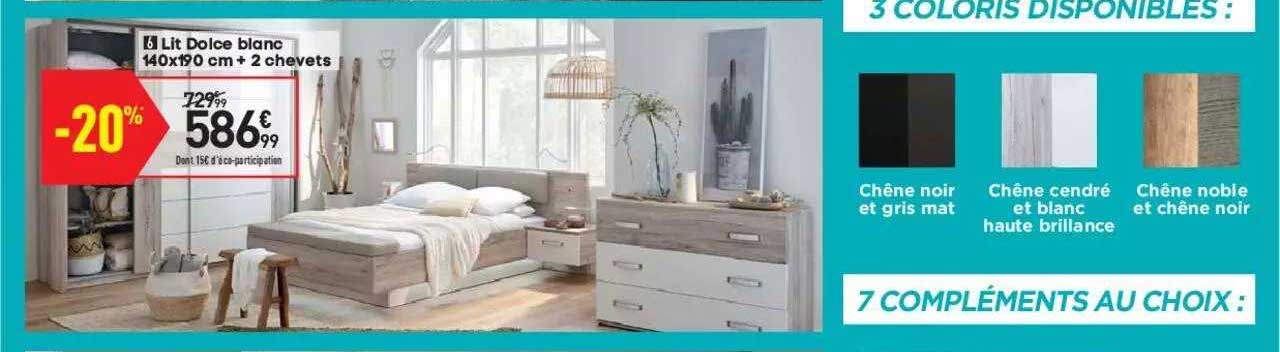 lit dolce blanc 140x190 cm + 2 chevets