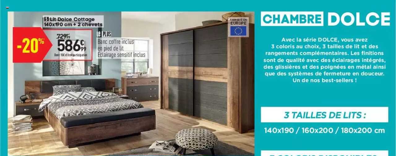 lit dolce cottage 140x190 cm + 2 chevets