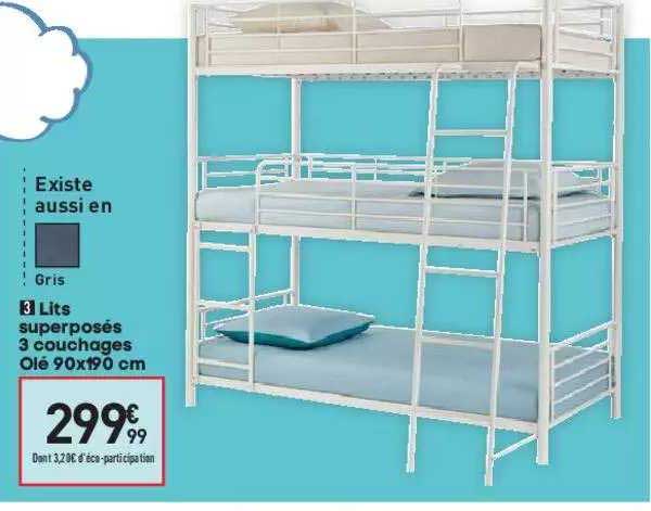 lits superposés 3 couchages olé 90x190 cm