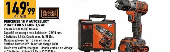 Perceuse 18 V Autoselect 2 Batteries Li-ion 1,5 Ah Black + Decker