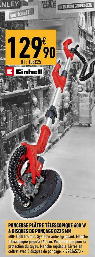 ponceuse plâtre télescopique 600 w 6 disques de ponçage ø225 mm