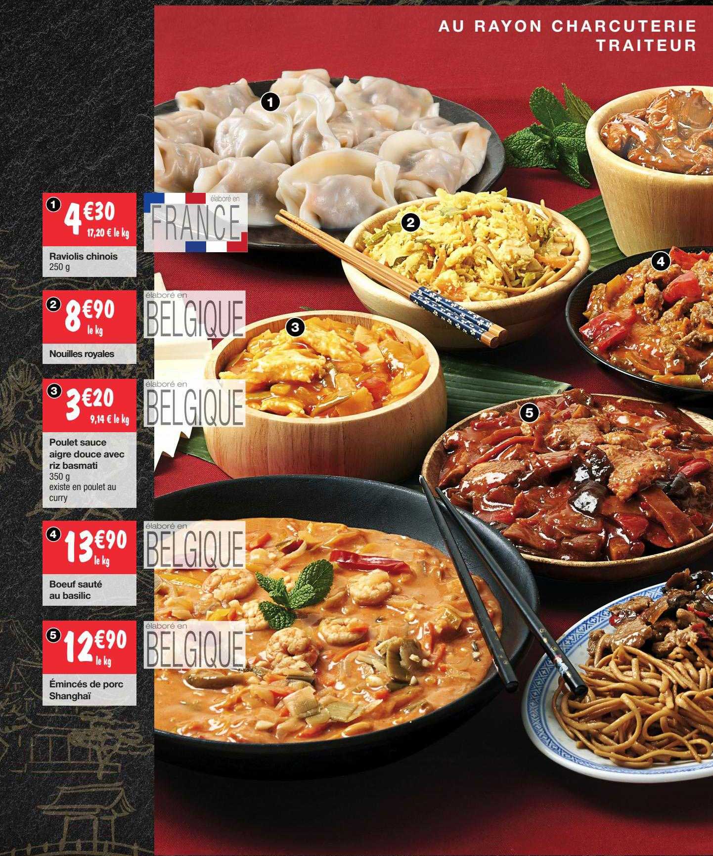 raviolis chinois, nouilles royales, poulet sauces aigre douce avec riz basmati, bœuf sauté au basilic, émincés de porc shanghäi