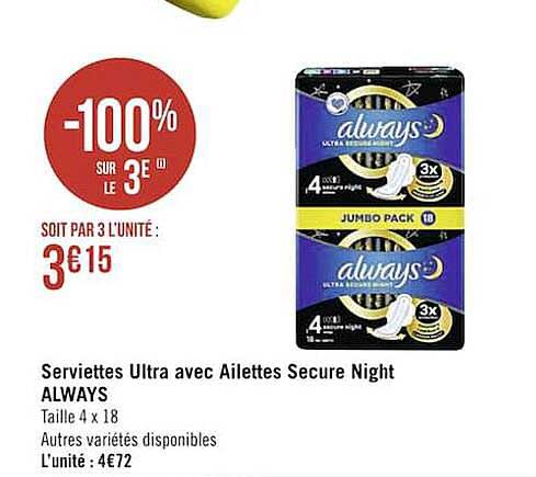 serviettes ultra avec ailettes secure night always