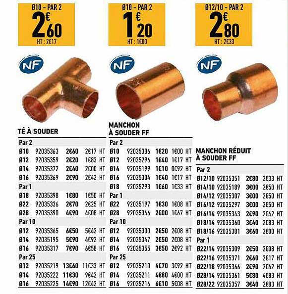 té à souder, manchon à souder ff, manchon réduit à souder ff