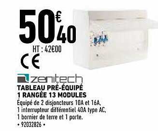 zenitech tableau pré-équipé 1 rangée 13 modules