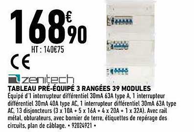 zenitech tableau pré-équipé 3 rangées 39 modules
