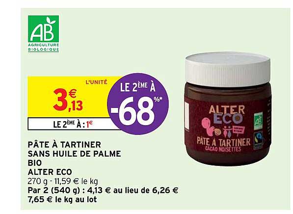 pâte à tartiner sans huile de palme bio alter eco