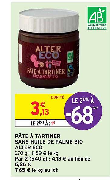 pâte à tartiner sans huile de palme bio alter eoco