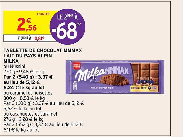 Tablette De Chocolat Mmmax Lait Du Pays Alpin Milka