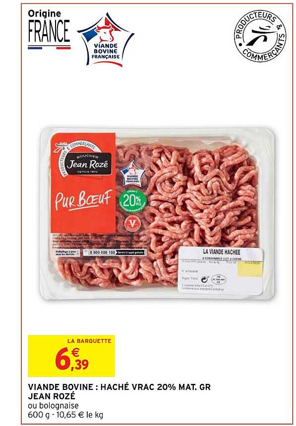 viande bovine : haché vrac 20% mat. gr. jean rozé