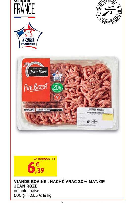 viande bovine : haché vrac 20% mg jean rozé