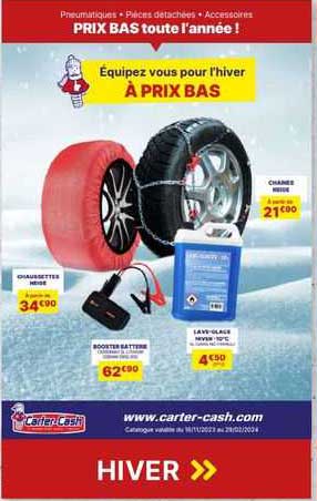 chaînes neige, chaussettes neige, booster batterie, lave-glace hiver