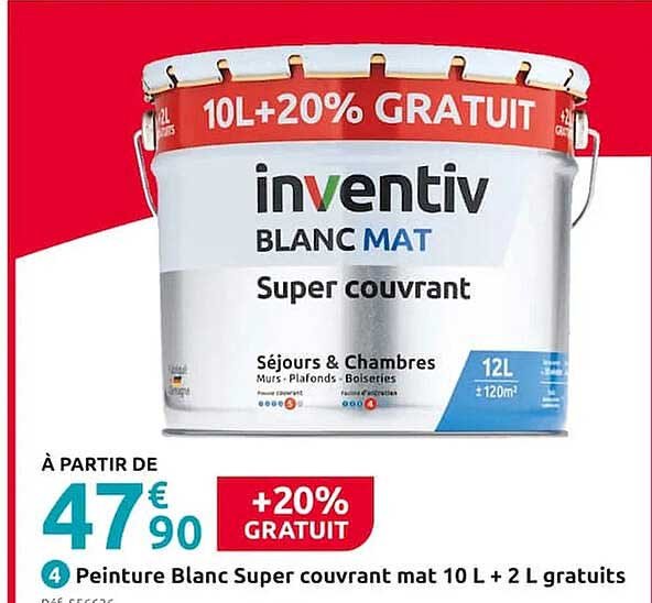 peinture blanc super couvrant mat 10 l + 2 l gratuits inventiv