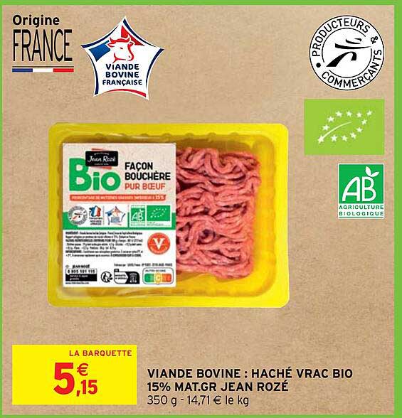 viande bovine : haché vrac bio 15% mat.gr jean rozé