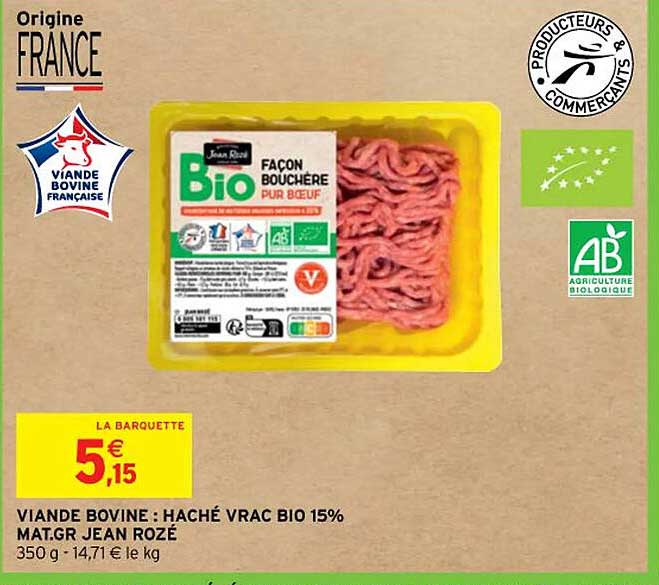 viande bovine : haché vrac bio 15% mat.gr. jean rozé