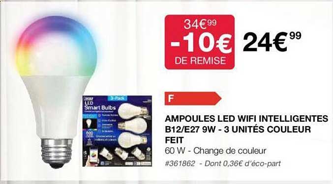 ampoules led wifi intelligentes b12/e27 9w - 3 unités couleur feit