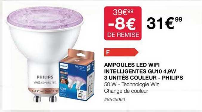 ampoules led wifi intelligentes gu10 4,9w 3 unités couleur - philips