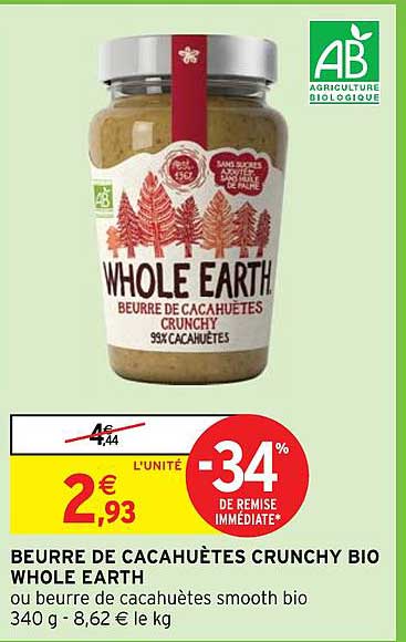 beurre de cacahuètes crunchy bio whole earth