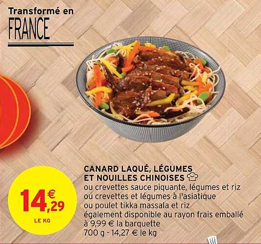 canard laqué, légumes et nouilles chinoises