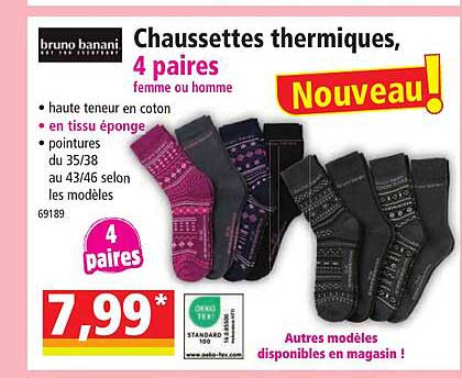 chaussettes thermiques, 4 paires femme ou homme bruno banani