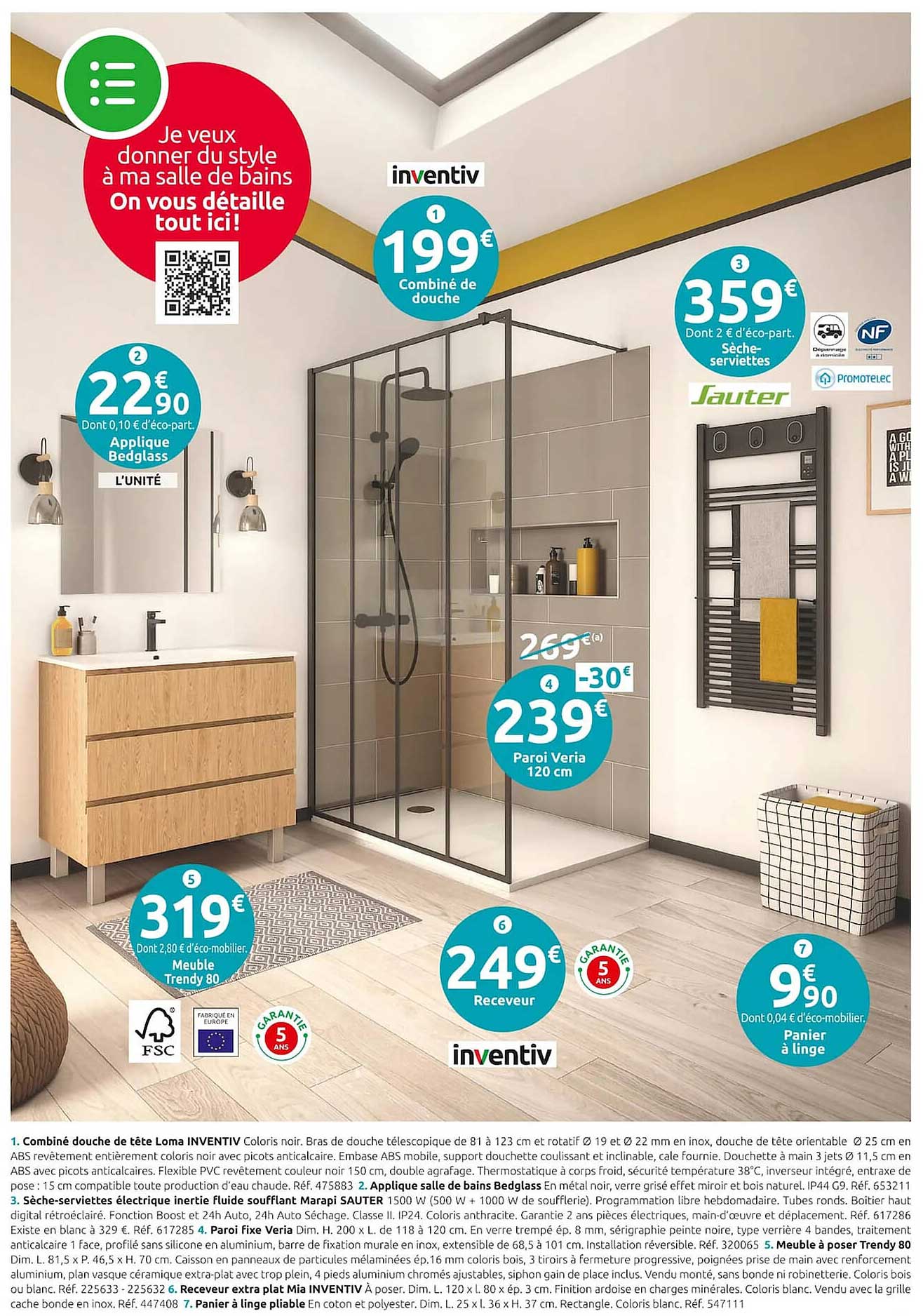 combiné de douche inventiv, applique bedglass, sèche-serviettes sauter, paroi veria 120 cm, meuble trendy 80, receveur inventiv, panier à linge