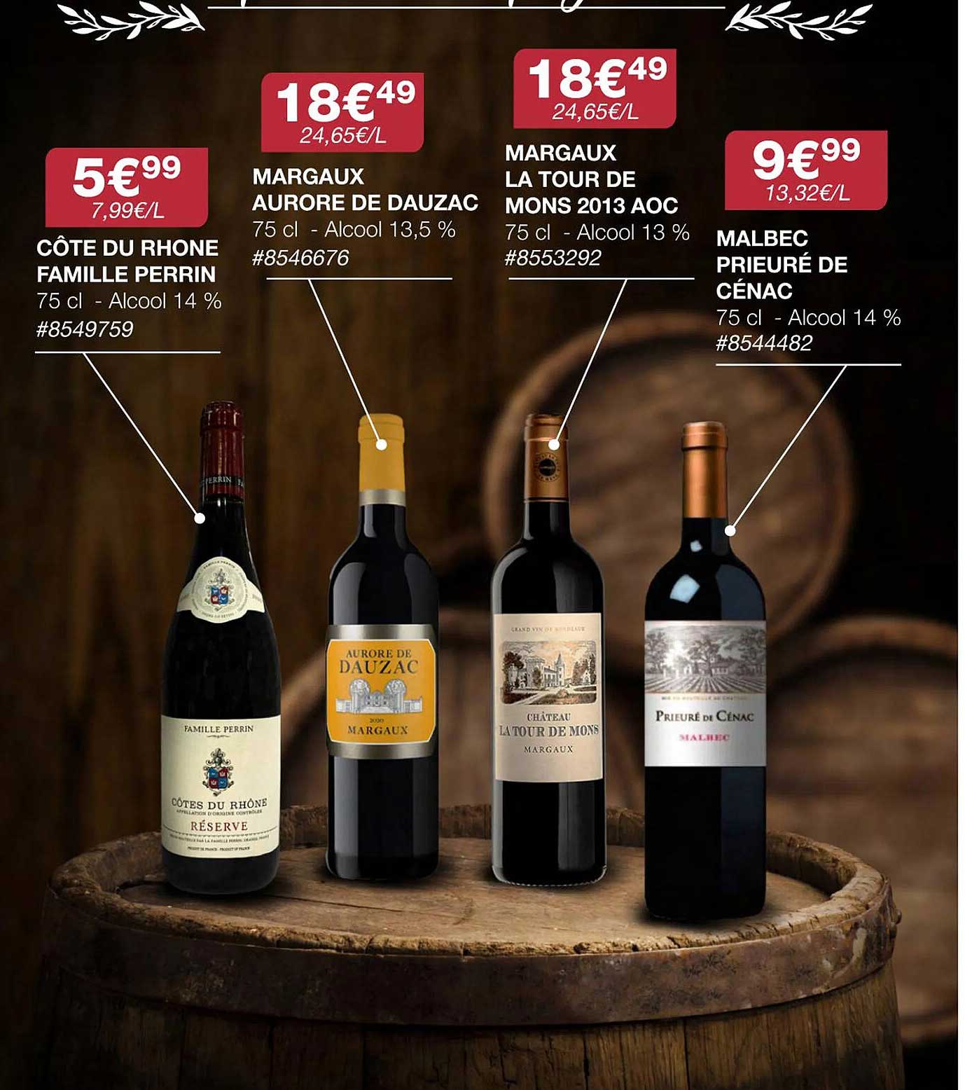 côte du rhône famille perrin, margaux aurore de dauzac, margaux la tour de mons 2013 aoc, malbec prieure de cenac