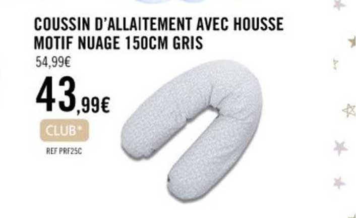 coussin d'allaitement avec housse motif nuage 150 cm gris